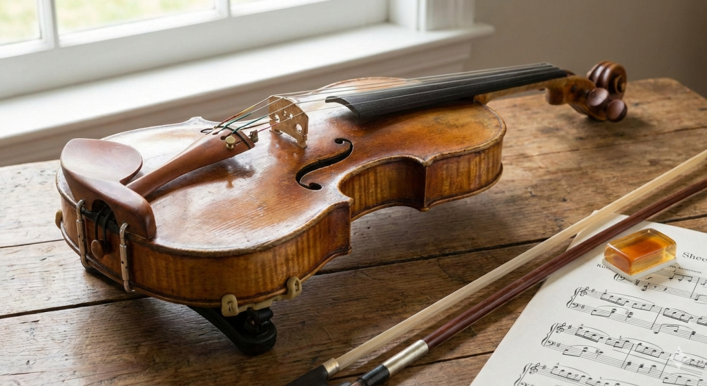 violin with shoulder rest on a table